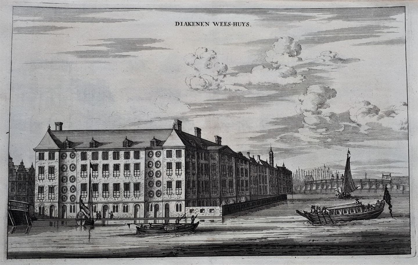 Amsterdam Het Diaconieweeshuis, Amstel 1, links Zwanenburgwal Op de achtergrond rechts de Blauwbrug - O Dapper - 1663