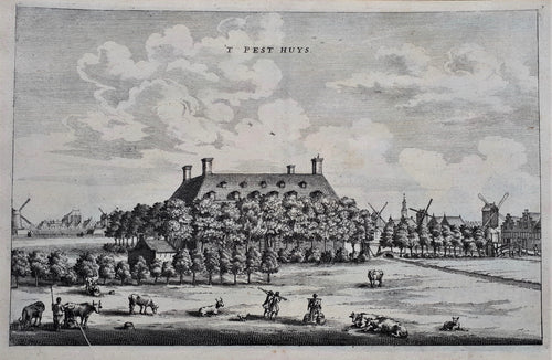 Amsterdam Gezicht op het Pesthuis, gezien in noordoostelijke richting, Amsterdam op de achtergrond - O Dapper - 1663