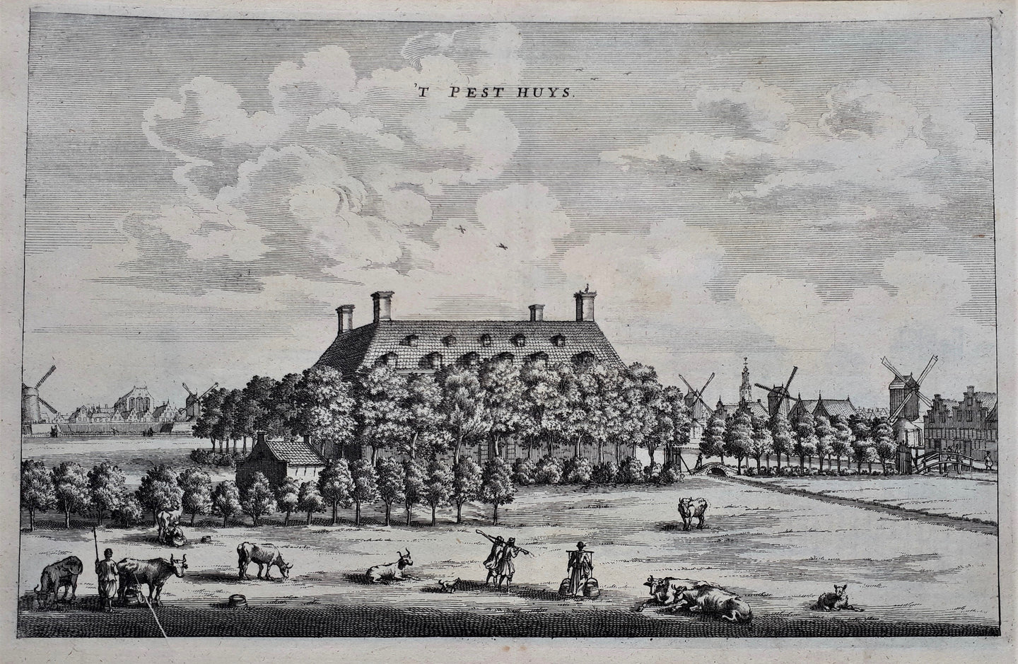 Amsterdam Gezicht op het Pesthuis, gezien in noordoostelijke richting, Amsterdam op de achtergrond - O Dapper - 1663