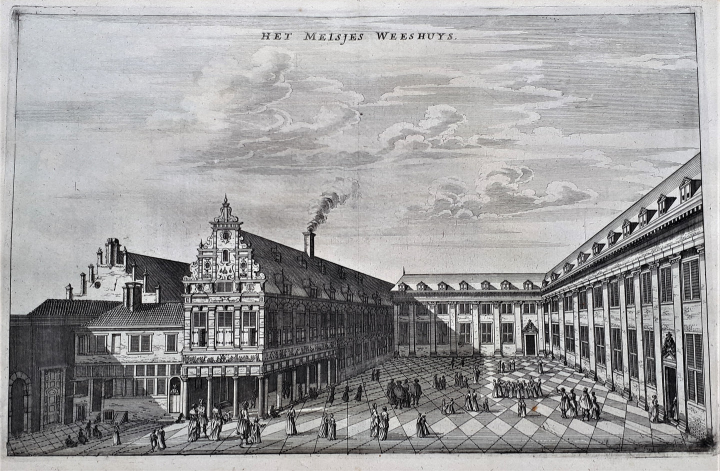 Amsterdam De binnenplaats van het Meisjesweeshuis van het Burgerweeshuis, nu Kalverstraat - O Dapper - 1663