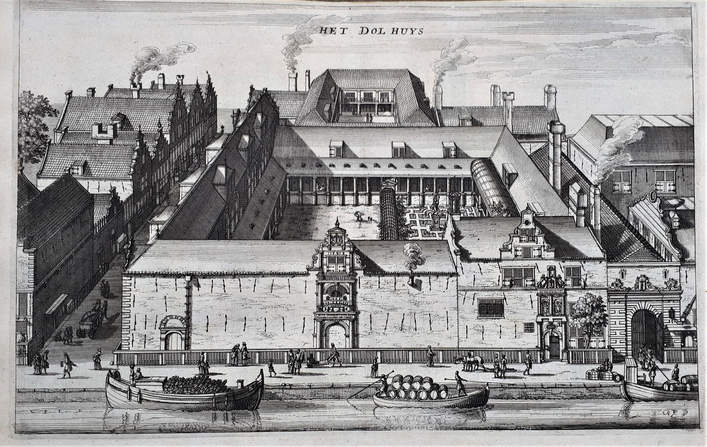 Amsterdam Het Dolhuis in vogelvlucht dat tot 1791 aan Kloveniersburgwal 50 stond - O Dapper - 1663