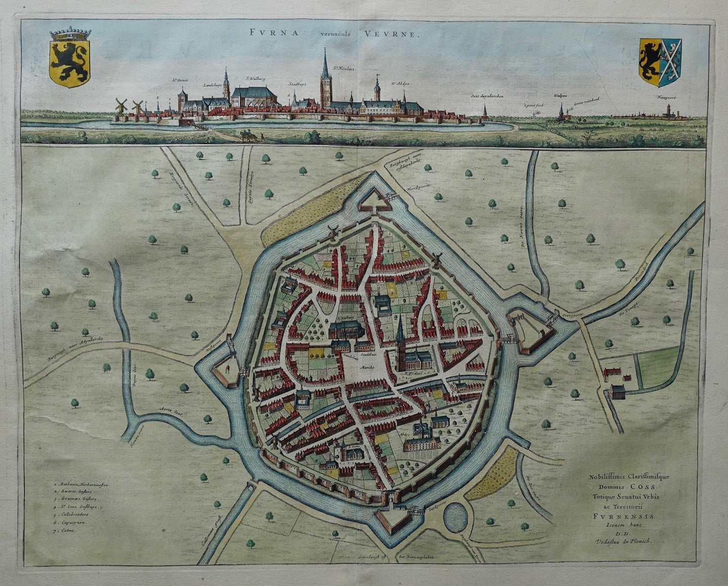 België Veurne Stadsplattegrond in vogelvluchtperspectief en aanzicht - J Blaeu - 1649