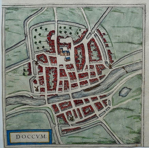 Dokkum Stadsplattegrond in vogelvluchtperspectief - G Braun & F Hogenberg - 1588