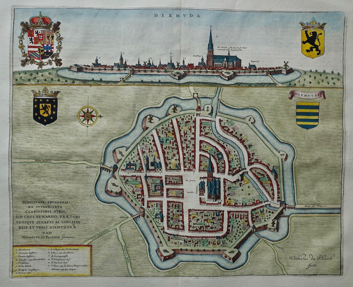 België Diksmuide Stadsplattegrond in vogelvluchtperspectief en aanzicht - J Blaeu - 1649