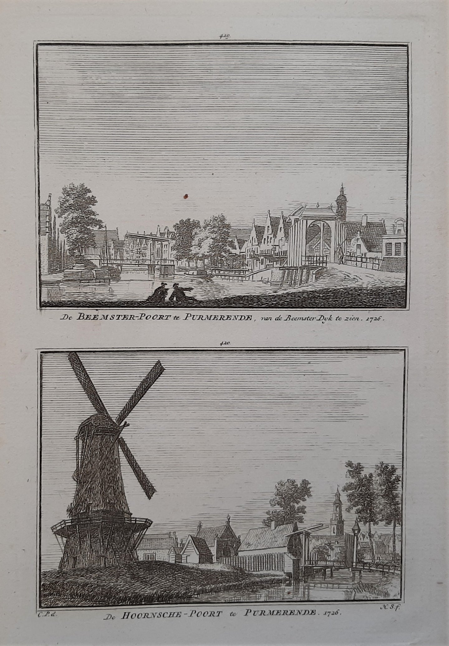 PURMEREND Twee gezichten, (waaronder Beemsterpoort) op een blad - H Spilman - ca. 1750