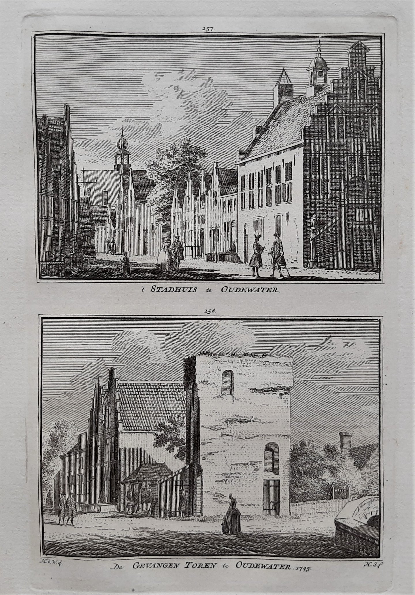 Oudewater Stadhuis en gevangentoren - H Spilman - ca. 1750