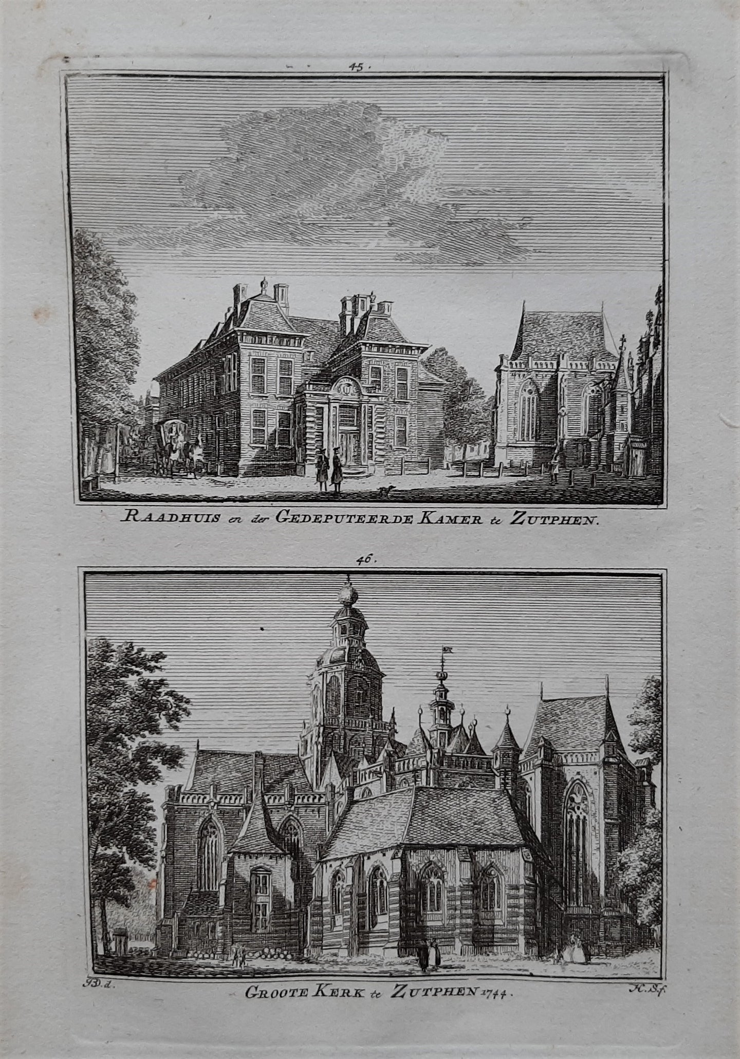 Zutphen Raadhuis en Grote Kerk - H Spilman - ca. 1750