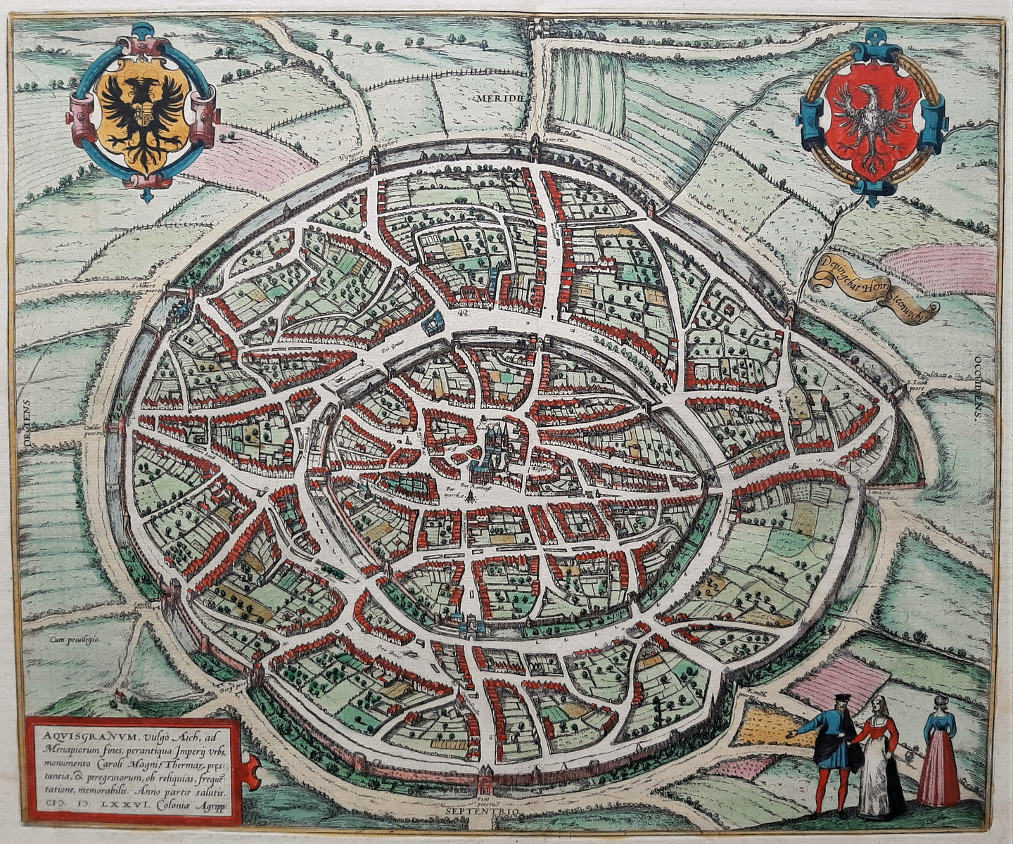 Duitsland Aken Germany Aachen Stadsplattegrond in vogelvluchtperspectief - G Braun & F Hogenberg / J Janssonius - 1657