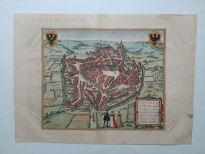 Duitsland Aken Germany Aachen Stadsplattegrond in vogelvluchtperspectief - G Braun & F Hogenberg - 1572