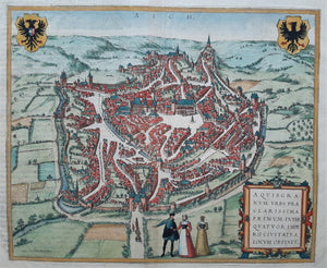 Duitsland Aken Germany Aachen Stadsplattegrond in vogelvluchtperspectief - G Braun & F Hogenberg - 1572