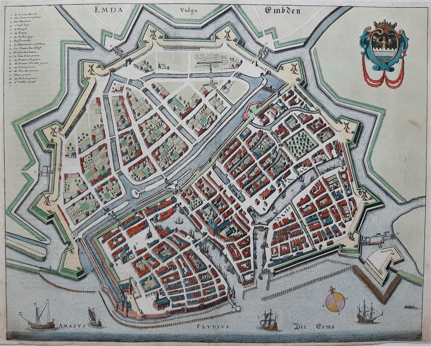 Duitsland Emden Germany Stadsplattegrond in vogelvluchtperspectief - J Janssonius - 1657