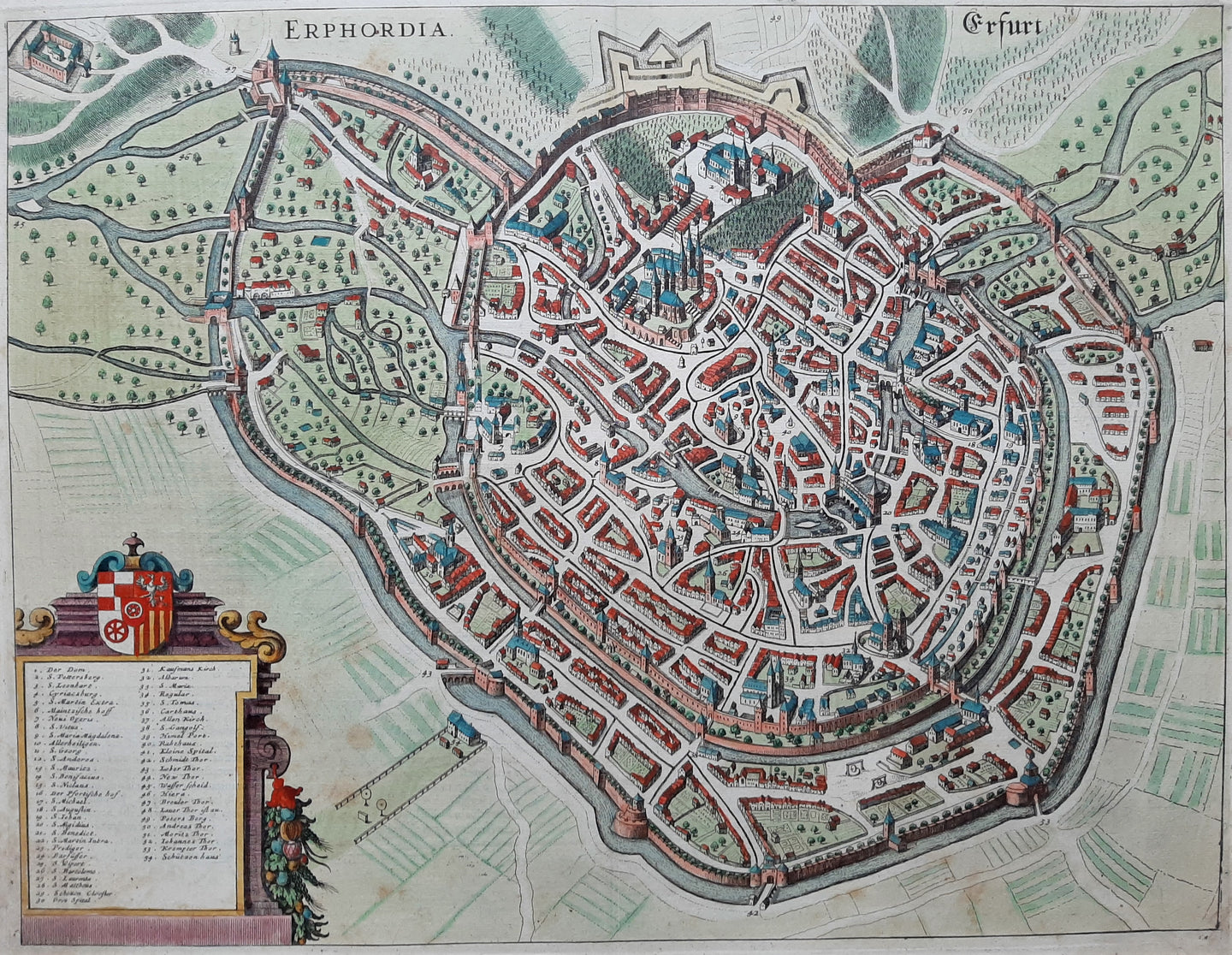 Duitsland Erfurt Germany Stadsplattegrond in vogelvluchtperspectief - J Janssonius - 1657