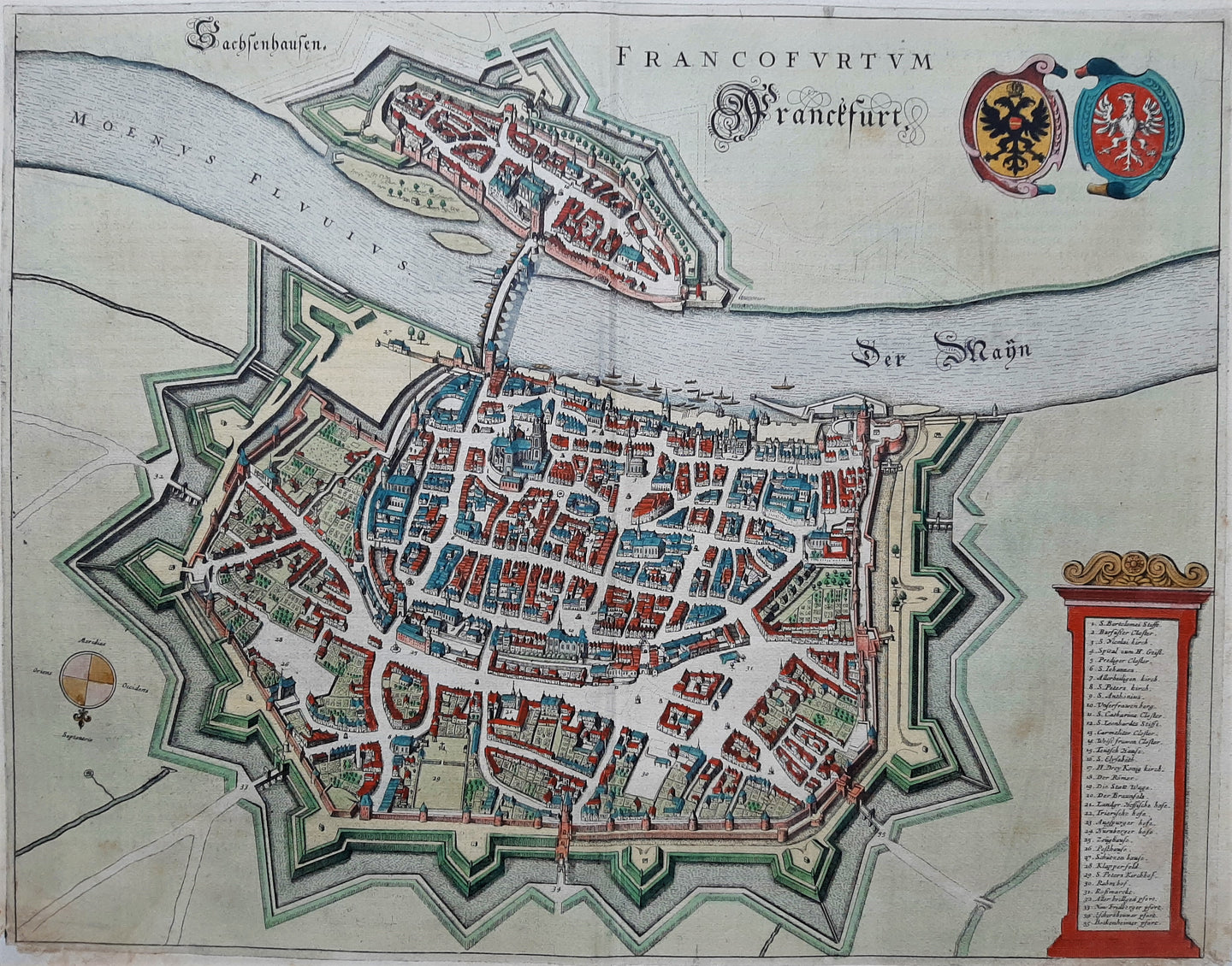 Duitsland Frankfurt am Main Germany Stadsplattegrond in vogelvluchtperspectief - J Janssonius - 1657