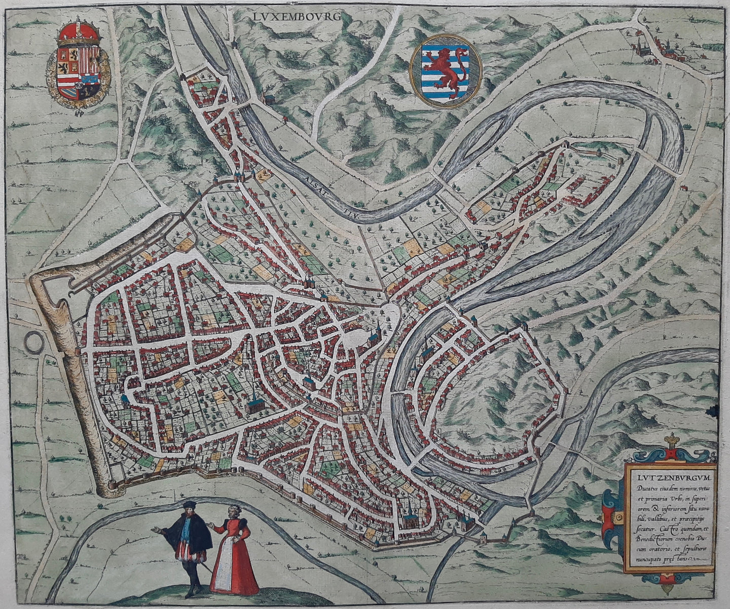 Luxemburg Stadsplattegrond in vogelvluchtperspectief - G Braun & F Hogenberg - 1588