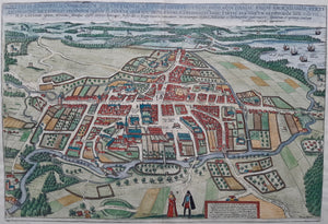 Denemarken Odense Stadsplattegrond in vogelvluchtperspectief - G Braun & F Hogenberg - 1623
