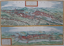 Load image in Gallery view, Tsjechië Praag en Cheb Twee aanzichten in vogelvluchtperspectief Czech Republic - G Braun &amp; F Hogenberg - 1572
