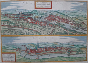 Tsjechië Praag en Cheb Twee aanzichten in vogelvluchtperspectief Czech Republic - G Braun & F Hogenberg - 1572