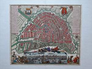 Amsterdam Stadsplattegrond en aanzicht - M Seutter - ca. 1730