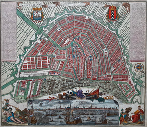 Amsterdam Stadsplattegrond en aanzicht - M Seutter - ca. 1730