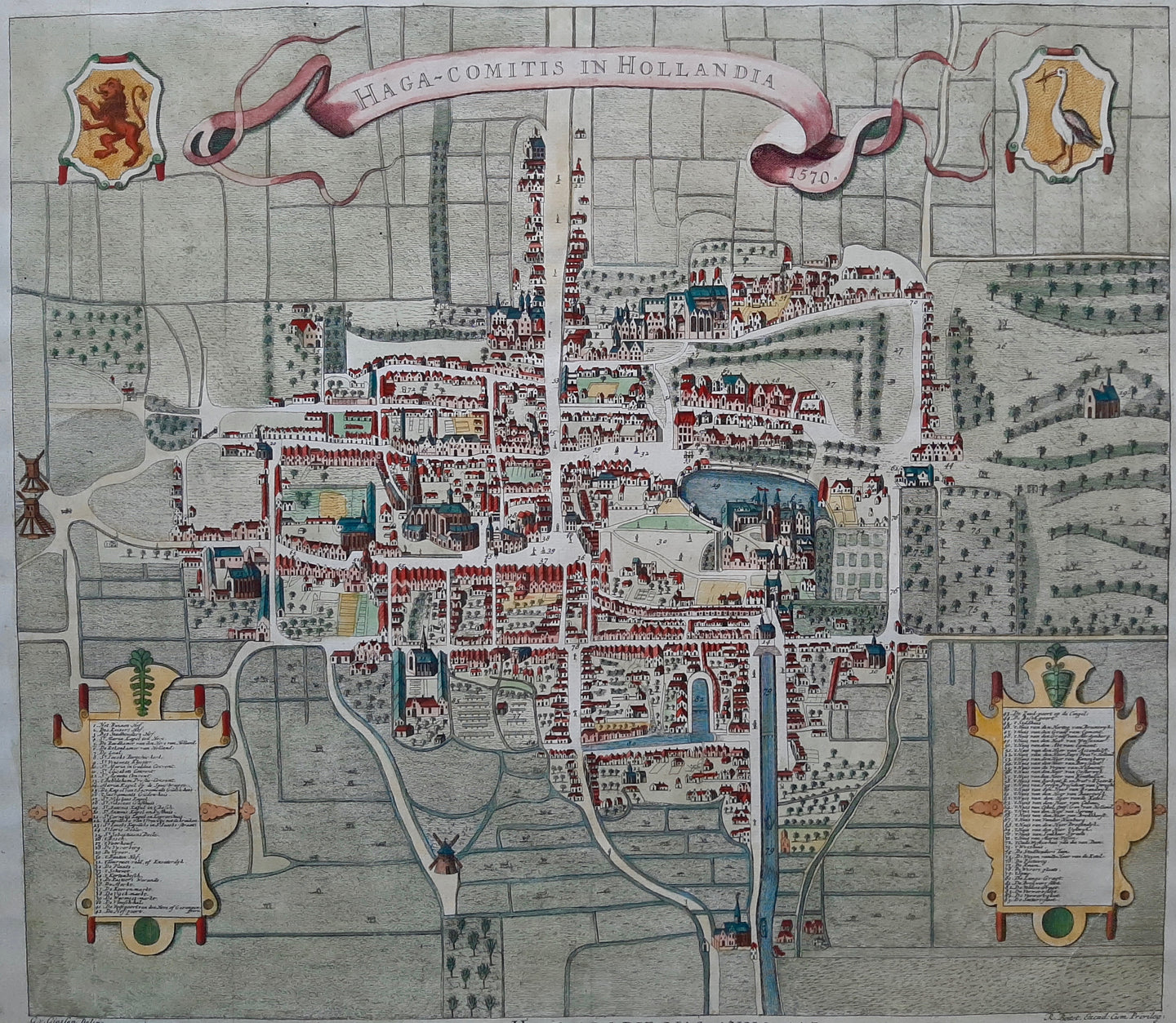 Den Haag Stadsplattegrond van 's Gravenhage in vogelvluchtperspectief - G van Giessen / R Boitet - 1730