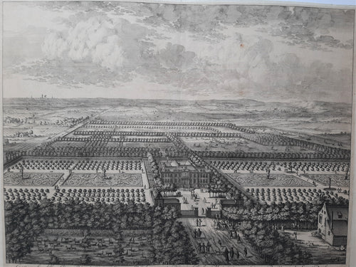 Soestdijk (Baarn) Vogelvluchtperspectief van Paleis Soestdijk met de tuinen - B Stuyvenbergh / B Stoopendael / G Valck - ca. 1695