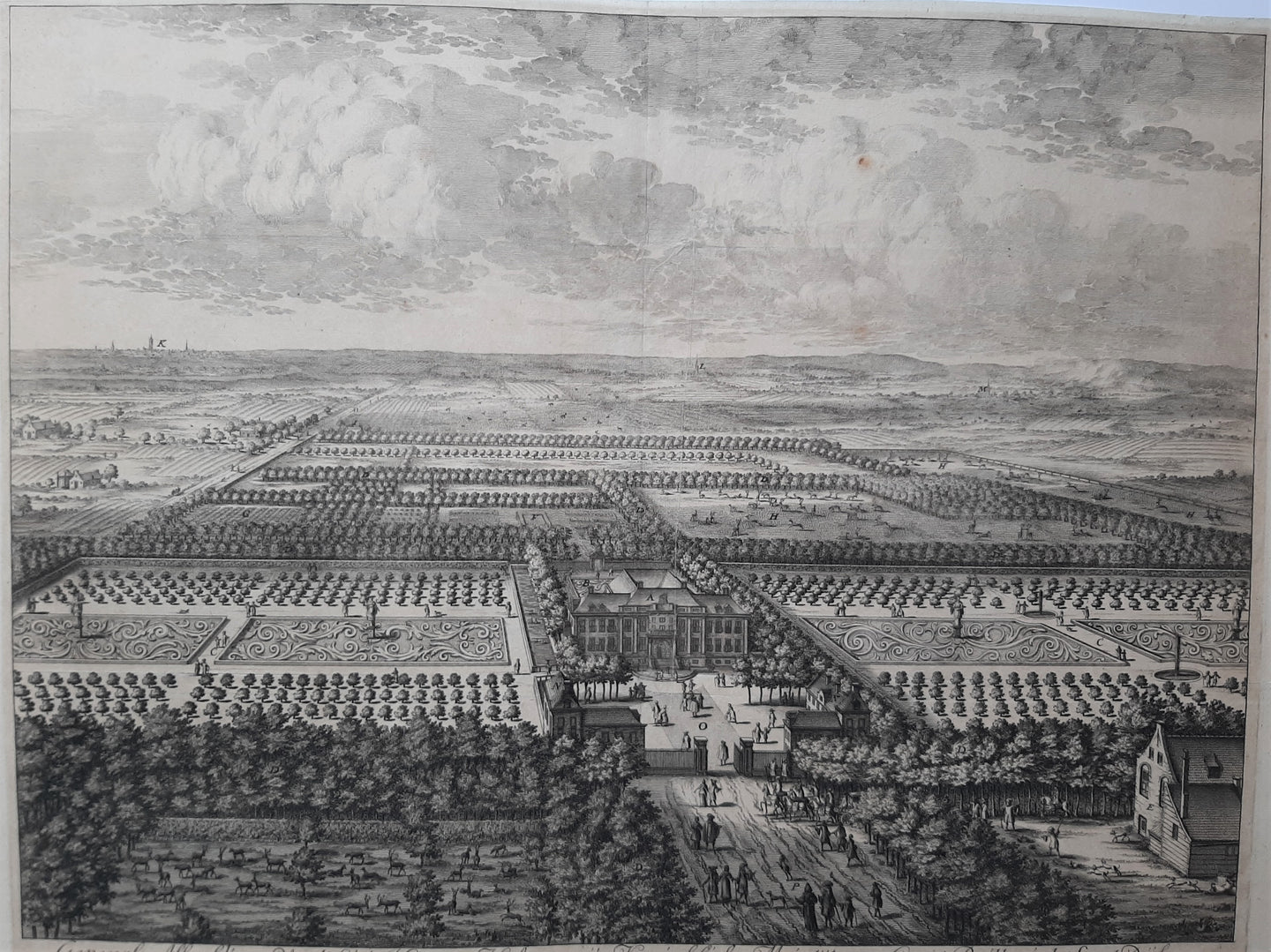 Soestdijk (Baarn) Vogelvluchtperspectief van Paleis Soestdijk met de tuinen - B Stuyvenbergh / B Stoopendael / G Valck - ca. 1695
