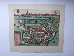 Tiel Stadsplattegrond in vogelvluchtperspectief en aanzicht - F de Wit - ca. 1690