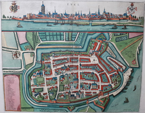 Tiel Stadsplattegrond in vogelvluchtperspectief en aanzicht - F de Wit - ca. 1690