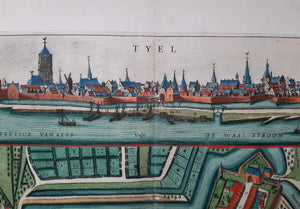 Tiel Stadsplattegrond in vogelvluchtperspectief en aanzicht - F de Wit - ca. 1690