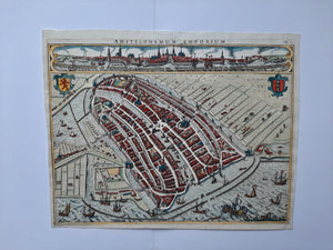 Amsterdam Stadsplattegrond in vogelvluchtperspectief en aanzicht - JI Pontanus / Jodocus Hondius - 1611