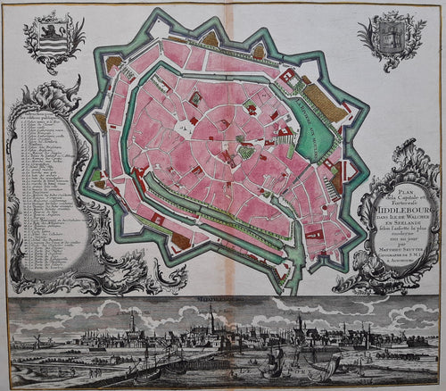Middelburg Stadsplattegrond en aanzicht - M Seutter - ca. 1730