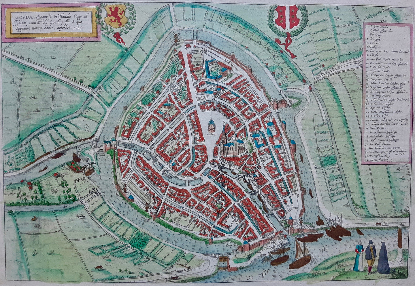 Gouda Stadsplattegrond in vogelvluchtperspectief - G Braun & F Hogenberg - 1588