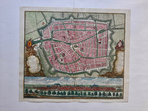 Leiden Stadsplattegrond en aanzicht - M Seutter - circa 1740