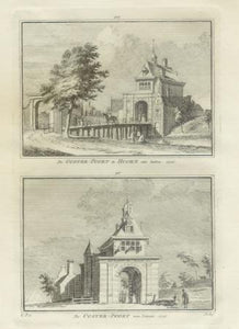 HOORN Twee gezichten van de Oosterpoort op een blad - H Spilman - ca. 1750