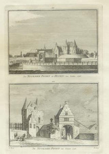 HOORN Twee gezichten van de Noorderpoort op een blad - H Spilman - ca. 1750