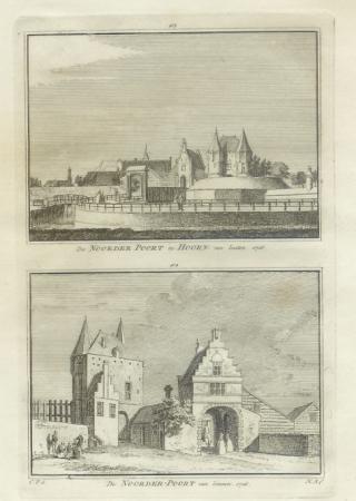 HOORN Twee gezichten van de Noorderpoort op een blad - H Spilman - ca. 1750