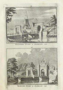 ALKMAAR  Twee gezichten, waaronder Kennemerpoort, op een blad - H Spilman - ca. 1750