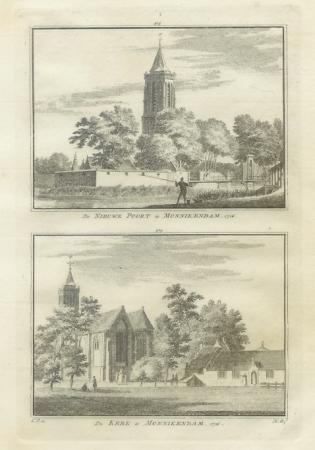 MONNIKENDAM Twee gezichten, waaronder de kerk, op een blad - H Spilman - ca. 1750