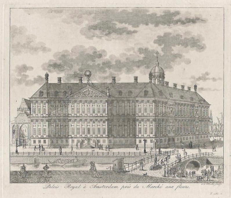 AMSTERDAM Nieuwezijds Voorburgwal Achterzijde paleis met deel bloemmarkt - CC Fuchs / E Maaskamp - ca. 1820