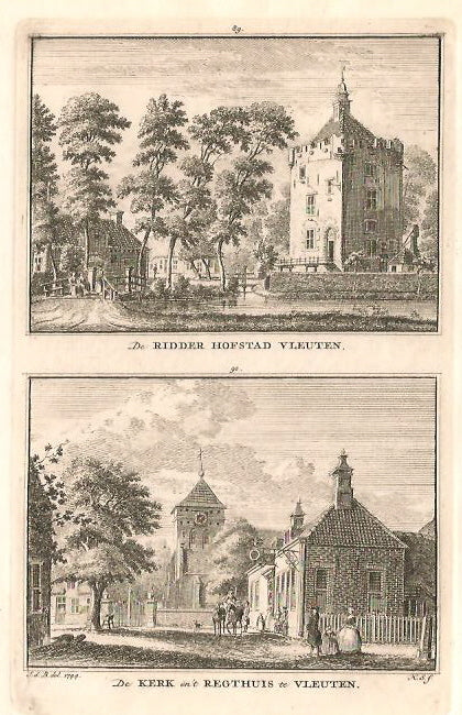 VLEUTEN Ridderhofstad Vleuten en kerk en rechthuis te Vleuten - H Spilman - ca. 1750