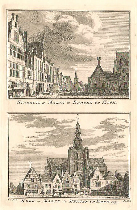 BERGEN OP ZOOM Stadhuis, kerk en markt - H Spilman - ca. 1750