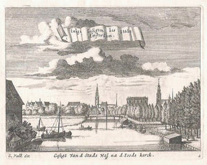 AMSTERDAM Portugese Synagoge en Westertoren gezien vanaf de Muidergracht - G Valck - ca. 1690