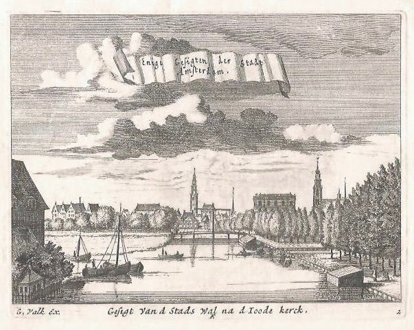 AMSTERDAM Portugese Synagoge en Westertoren gezien vanaf de Muidergracht - G Valck - ca. 1690
