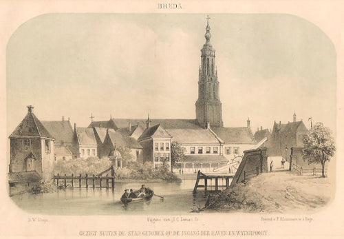 BREDA Gezicht op de Waterpoort en de Grote Kerk - P Blommers / JC Loman jr - 1857
