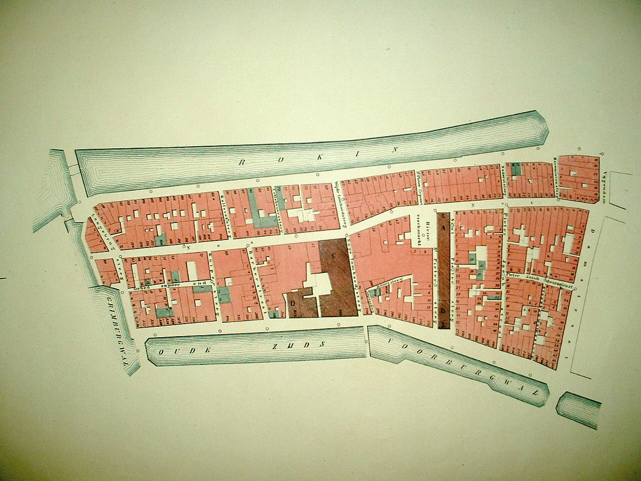 AMSTERDAM  plattegrond van Buurt A Nes/Rokin/Oudezijds Voorburgwal - JC Loman - 1876