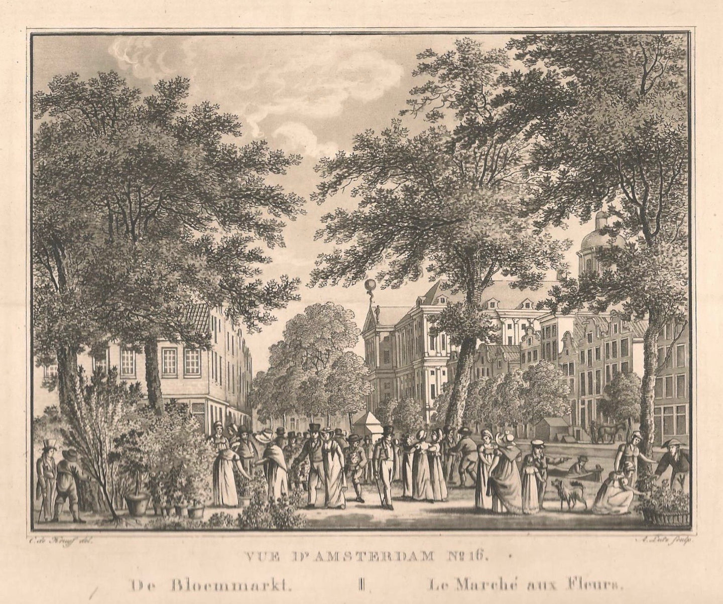 AMSTERDAM Bloemmarkt Nieuwezijds Voorburgwal - C de Kruyff / F Buffa - ca. 1824