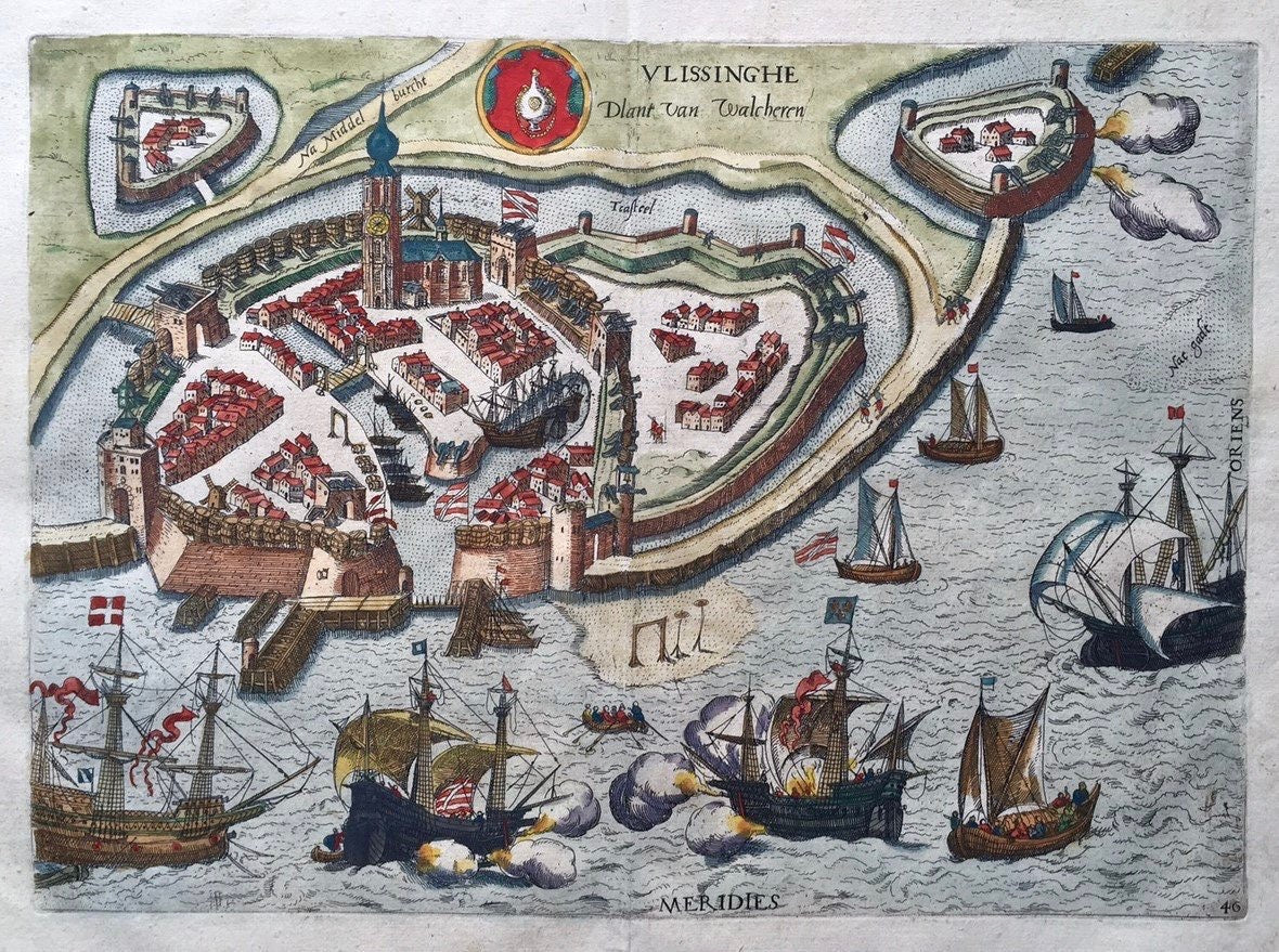 Vlissingen Stadsplattegrond in vogelvluchtperspectief - C Plantijn / L Guicciardini - 1582
