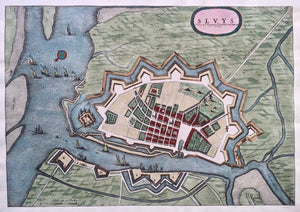 Sluis Stadsplattegrond in vogelvluchtperspectief - P van der Aa - ca. 1728