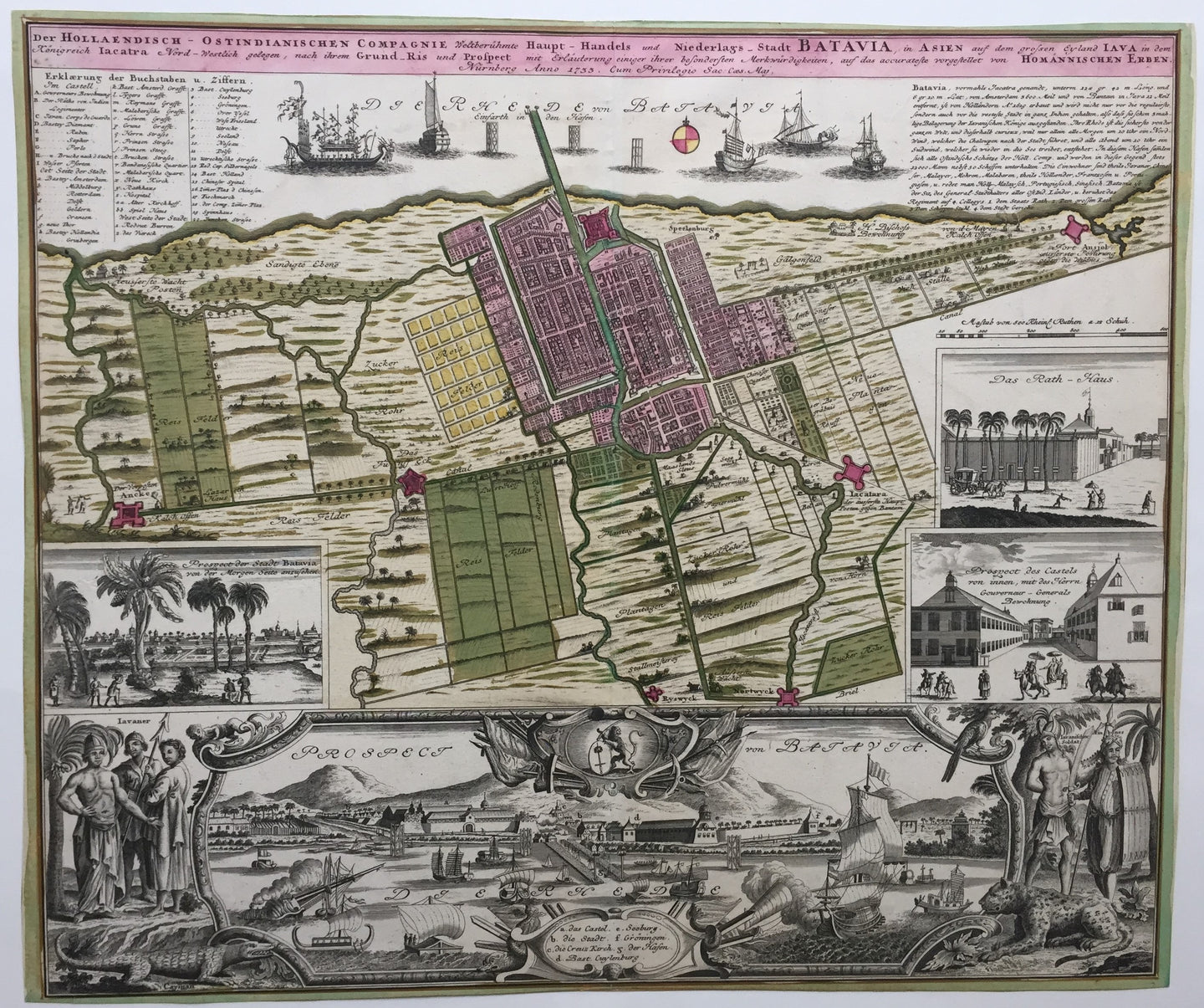 Indonesië Batavia (Jakarta) Stadsplattegrond en aanzicht - Homann Heirs (Erven Homann) - 1733