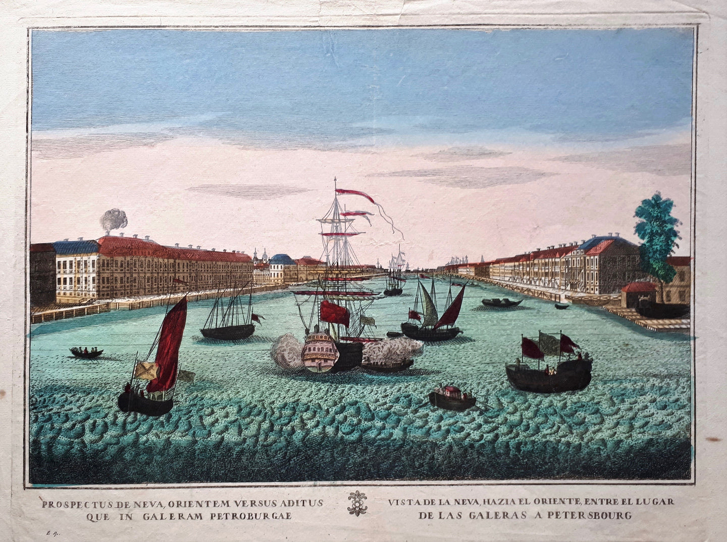Rusland Sint-Petersburg Gezicht op de Neva met aan beide zijden lange rijen gebouwen (Galeria Petroburgum) - Remondini - ca. 1780